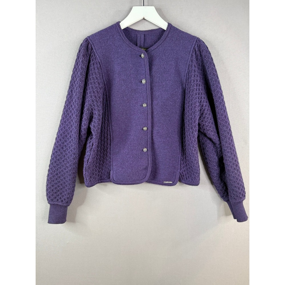 Geiger Wool Cardigan Womens 40 M Purple Boiled Wool Textured Austria Vtg Grandma